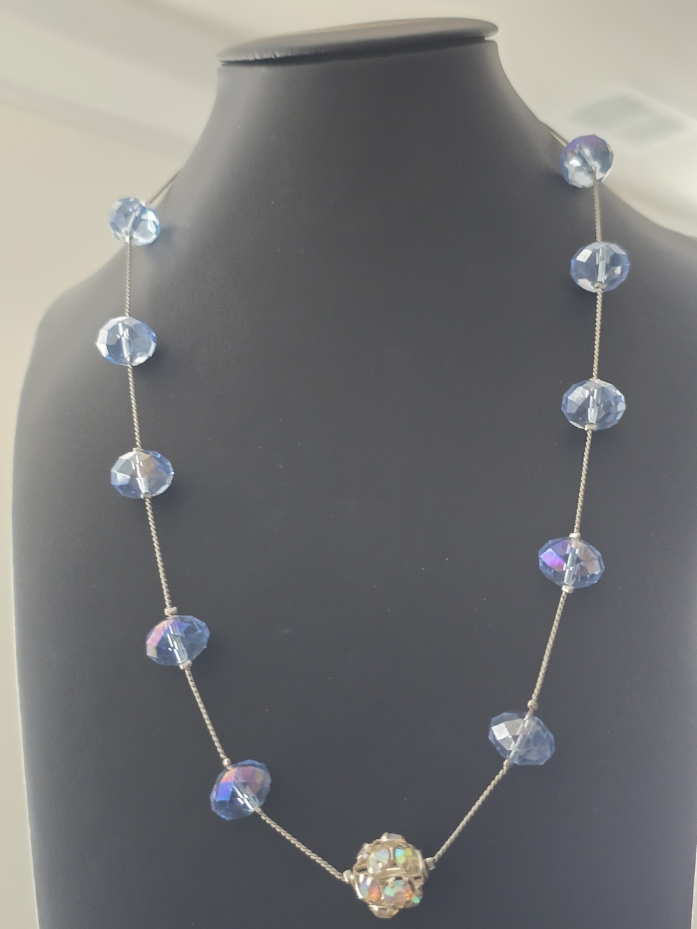 Vintage Ice Blue Crystal Tin Cup Station Necklace Rhinestone Pave Disco Ball